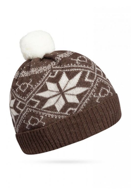Children's hat Norveg color brown with white snowflakes (textile pompom) 7CWU-018